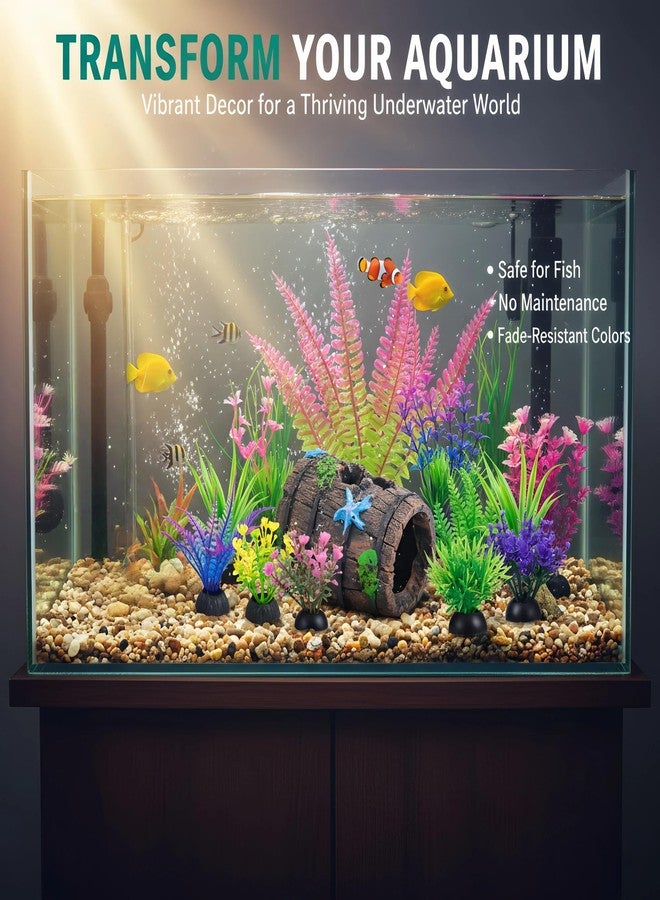 Ameliade Aquarium Plastic Plants Decorations and Fish Tank Broken Barrel Hideout Cave Decor Set Goldfish Betta Small Fish Bowl Ornaments Accessories （12-PCS） - Image 4