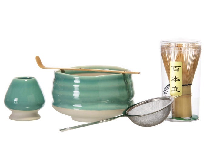 MATCHA ACCESSORIES KIT INCLUDE 5 ITEMS100 PRONGS BAMBOO WHISK CHASENBAMBOO SCOOPSTAINLESS STEEL TEA SIFTER AND CERAMIC MATCHA BOWL WHISK HOLDER CYAN