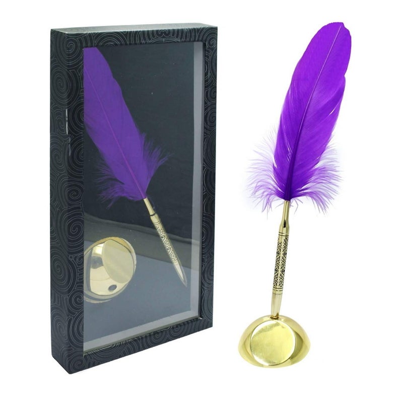 R H LIFESTYLE Feather Ball Pen With Stand and Gift Box (Pen With Round Gold Stand) - Image 1