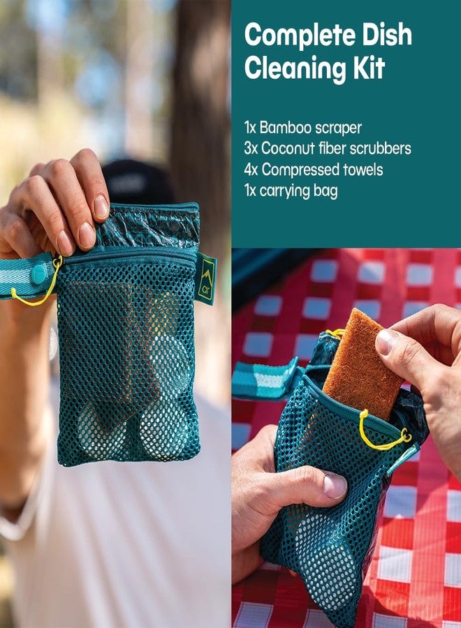 AR Adventure Ready Scrub & Dry Dish Cleaning Kit for Camping & Backpacking - 3 Coconut Fiber Scrubbers, Bamboo Scraper, 4 Compressed Towelettes - Image 4