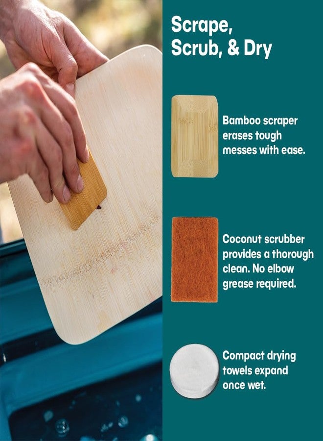 AR Adventure Ready Scrub & Dry Dish Cleaning Kit for Camping & Backpacking - 3 Coconut Fiber Scrubbers, Bamboo Scraper, 4 Compressed Towelettes - Image 2