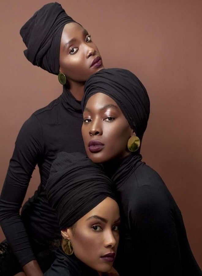 Harewom Black Hair Wrap for Women Long Stretch Jersey Head Scarf Summer Breathable Lightweight Turban Solid Color - Image 4