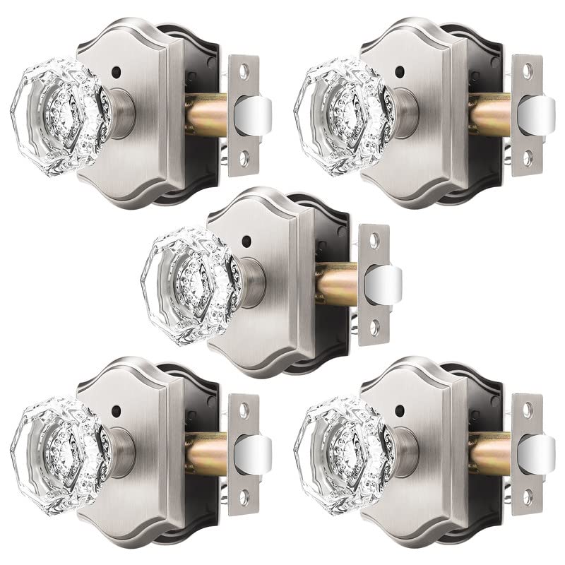 Orger Octagonal Crystal Door Knobs 5 Pack Interior Privacy Door Handle For Bed/Bathroom With Pin Lock Inside Satin Nickel Vintage Rosette Door Knob With Heavy Duty Genuine Glass - Image 1
