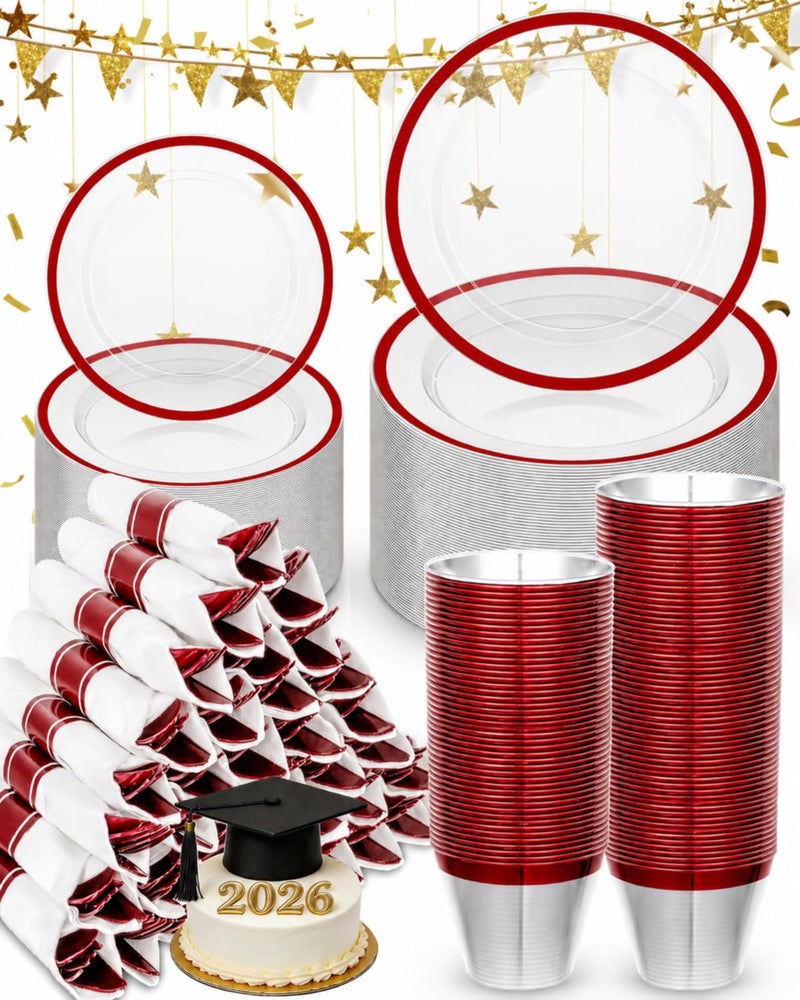 BESTVIP 350PCS Disposable Clear Red Dinnerware Sets for 50 Guests, Plastic Plates for Party, 100 Plastic Plates, 50 Cups, 50 Pre-Rolled Napkins with Cutlery for Parties, Christmas, Wedding - Image 1