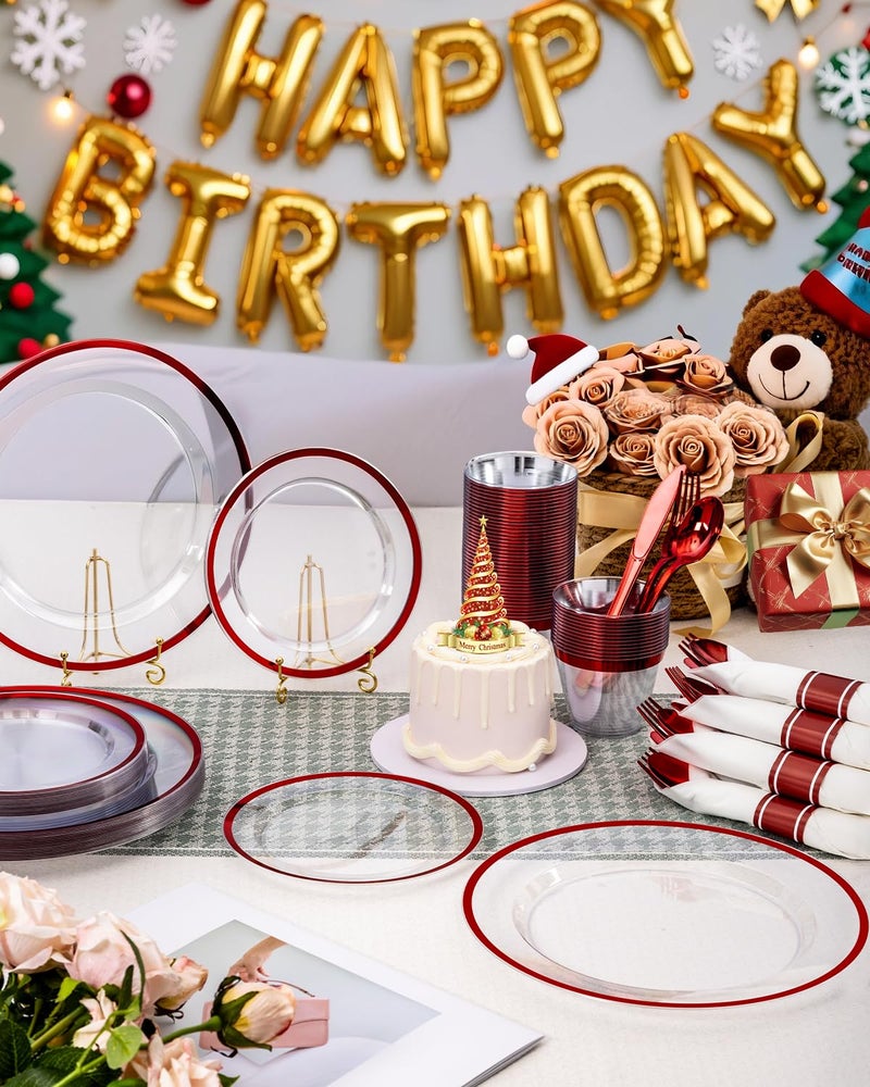 BESTVIP 350PCS Disposable Clear Red Dinnerware Sets for 50 Guests, Plastic Plates for Party, 100 Plastic Plates, 50 Cups, 50 Pre-Rolled Napkins with Cutlery for Parties, Christmas, Wedding - Image 4