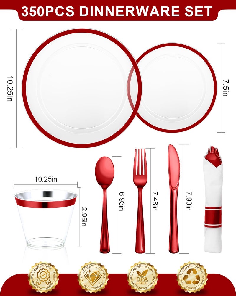 BESTVIP 350PCS Disposable Clear Red Dinnerware Sets for 50 Guests, Plastic Plates for Party, 100 Plastic Plates, 50 Cups, 50 Pre-Rolled Napkins with Cutlery for Parties, Christmas, Wedding - Image 3