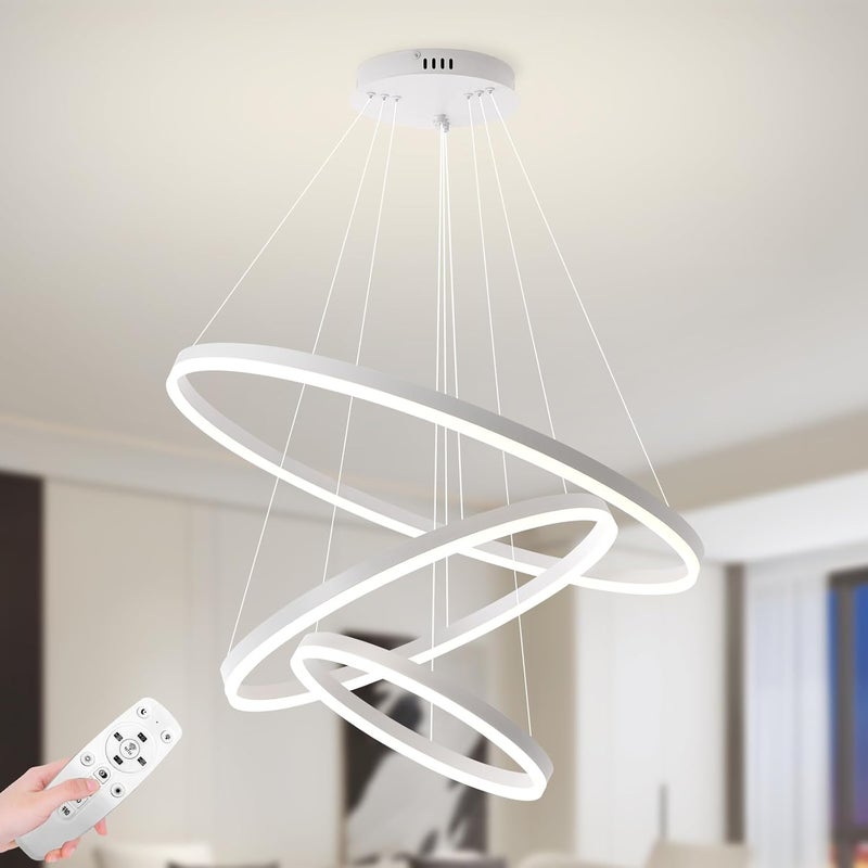 YATAI LIGHTING ثريا LED بيضاء حديثة بثلاث حلقات، ارتفاع قابل للتعديل، 102 واط، إضاءة سقف قابلة للتعتيم، 3000K-6000K إضاءة بثلاثة ألوان، مصباح معلق دائري من الألمنيوم والأكريليك لغرفة المعيشة، غرفة الطعام، غرفة النوم - Image 1
