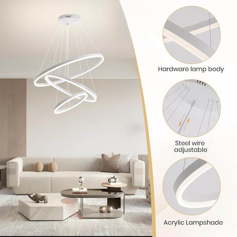 YATAI LIGHTING ثريا LED بيضاء حديثة بثلاث حلقات، ارتفاع قابل للتعديل، 102 واط، إضاءة سقف قابلة للتعتيم، 3000K-6000K إضاءة بثلاثة ألوان، مصباح معلق دائري من الألمنيوم والأكريليك لغرفة المعيشة، غرفة الطعام، غرفة النوم - Image 4