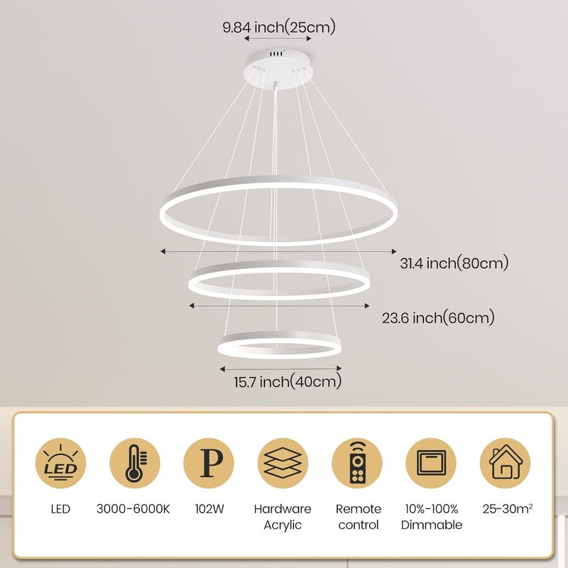 YATAI LIGHTING ثريا LED بيضاء حديثة بثلاث حلقات، ارتفاع قابل للتعديل، 102 واط، إضاءة سقف قابلة للتعتيم، 3000K-6000K إضاءة بثلاثة ألوان، مصباح معلق دائري من الألمنيوم والأكريليك لغرفة المعيشة، غرفة الطعام، غرفة النوم - Image 3