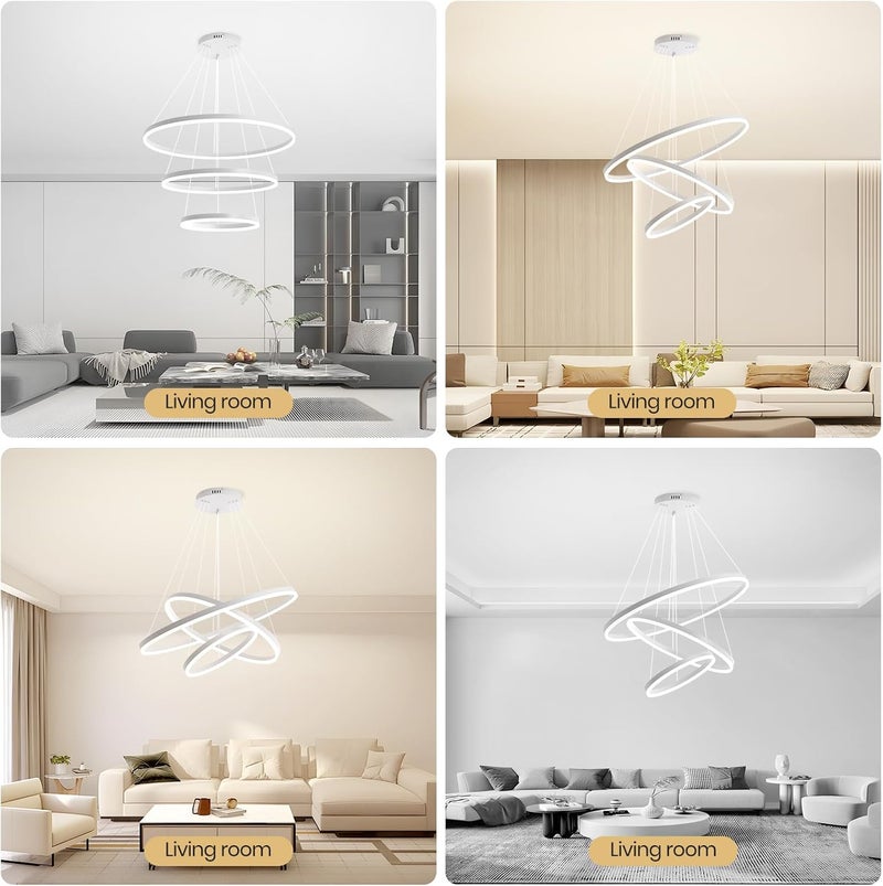 YATAI LIGHTING ثريا LED بيضاء حديثة بثلاث حلقات، ارتفاع قابل للتعديل، 102 واط، إضاءة سقف قابلة للتعتيم، 3000K-6000K إضاءة بثلاثة ألوان، مصباح معلق دائري من الألمنيوم والأكريليك لغرفة المعيشة، غرفة الطعام، غرفة النوم - Image 2