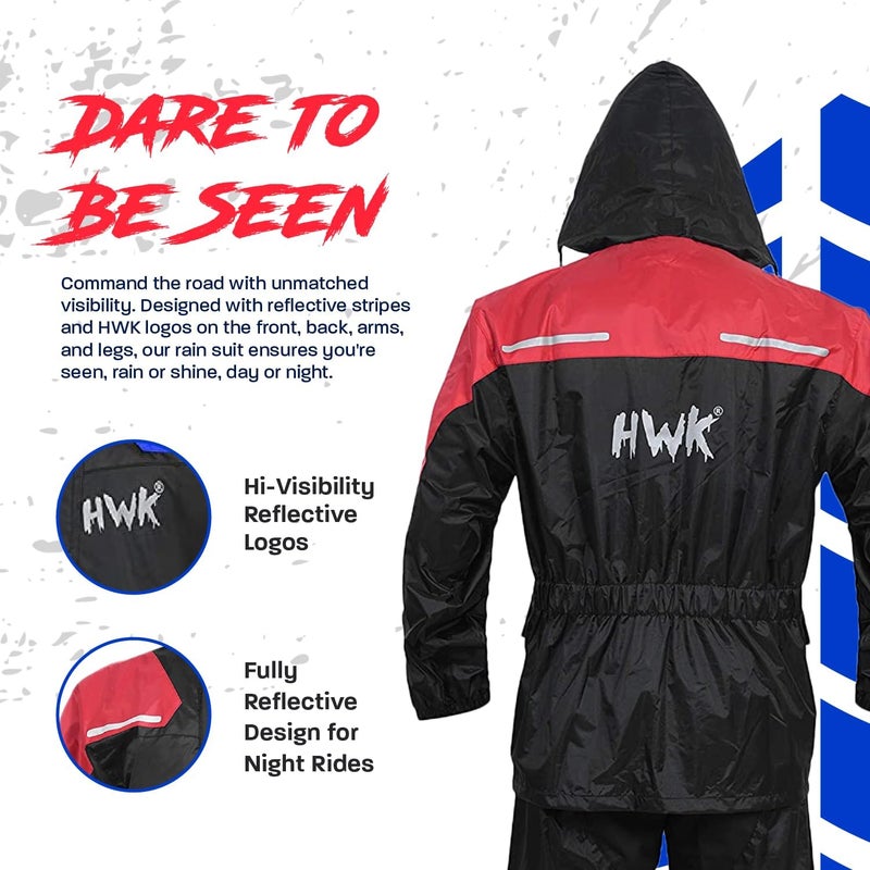 HWK Motorcycle Rain Suit for Men and Women - Waterproof Two-Piece Rain Gear with Reflective Jacket and Pants, Red, X-Large - Image 3