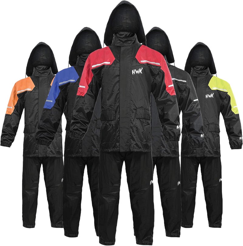 HWK Motorcycle Rain Suit for Men and Women - Waterproof Two-Piece Rain Gear with Reflective Jacket and Pants, Red, X-Large - Image 1
