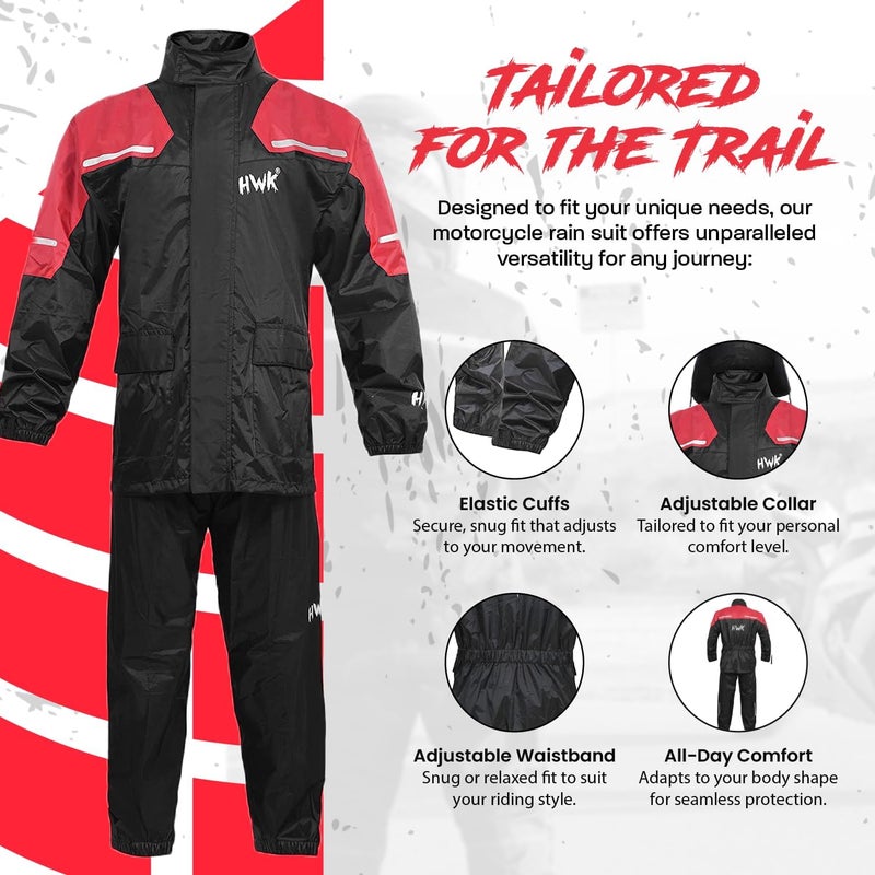 HWK Motorcycle Rain Suit for Men and Women - Waterproof Two-Piece Rain Gear with Reflective Jacket and Pants, Red, X-Large - Image 4