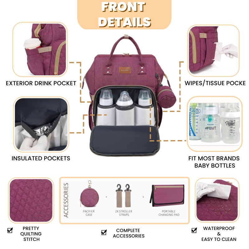 ROSEGIN Diaper Bag Backpack with Changing Pad, Pacifier Case, Baby Bag for Boy Girl Toddler - Large, Stylish, Waterproof Travel Quilted Diaper Bag for Mom - Baby Shower - Purple - Image 3