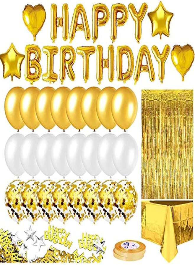 VCOM Gold Birthday Party Decor, Happy Birthday Banner, Golden Fringe Curtain, Foil Tablecloth, Heart Star Foil Confetti Balloons, 10g Table Confetti for Girl Boy Kids Men Women Adults