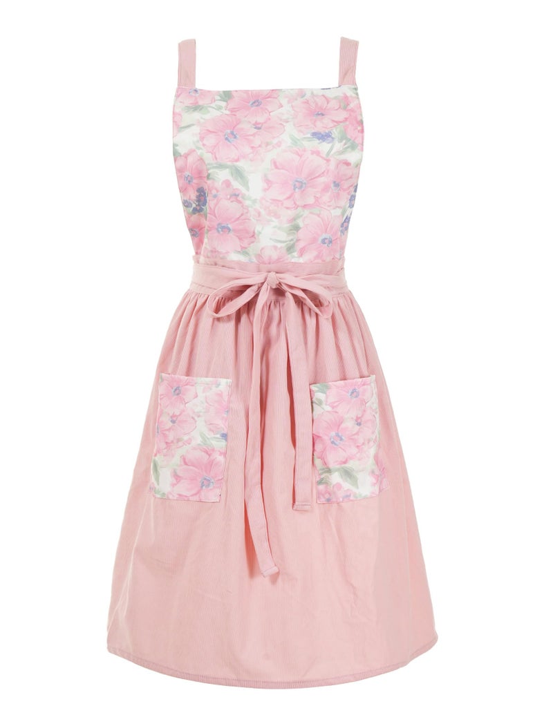 Pinknoke Vintage Pinafore Apron Dress for Women with Pockets Cute Floral Chef Aprons for Kitchen Cooking Baking Gardening (Peach Pink) - Image 1