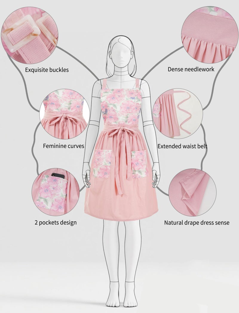 Pinknoke Vintage Pinafore Apron Dress for Women with Pockets Cute Floral Chef Aprons for Kitchen Cooking Baking Gardening (Peach Pink) - Image 4