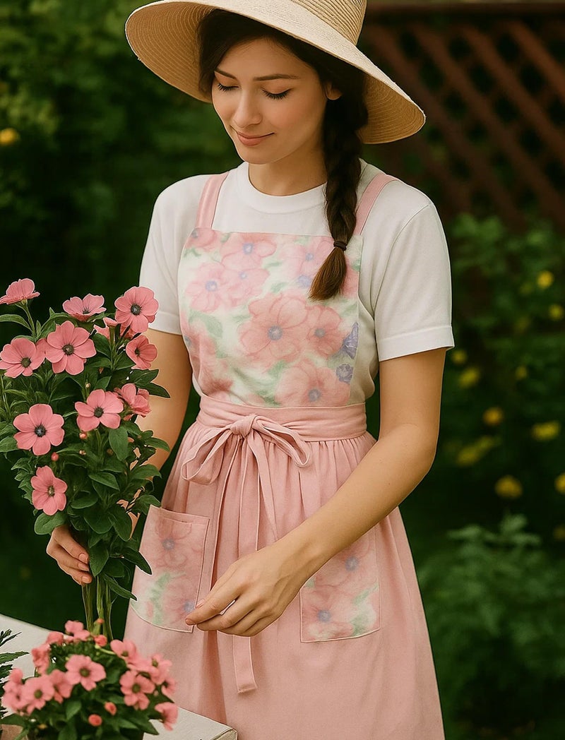 Pinknoke Vintage Pinafore Apron Dress for Women with Pockets Cute Floral Chef Aprons for Kitchen Cooking Baking Gardening (Peach Pink) - Image 5
