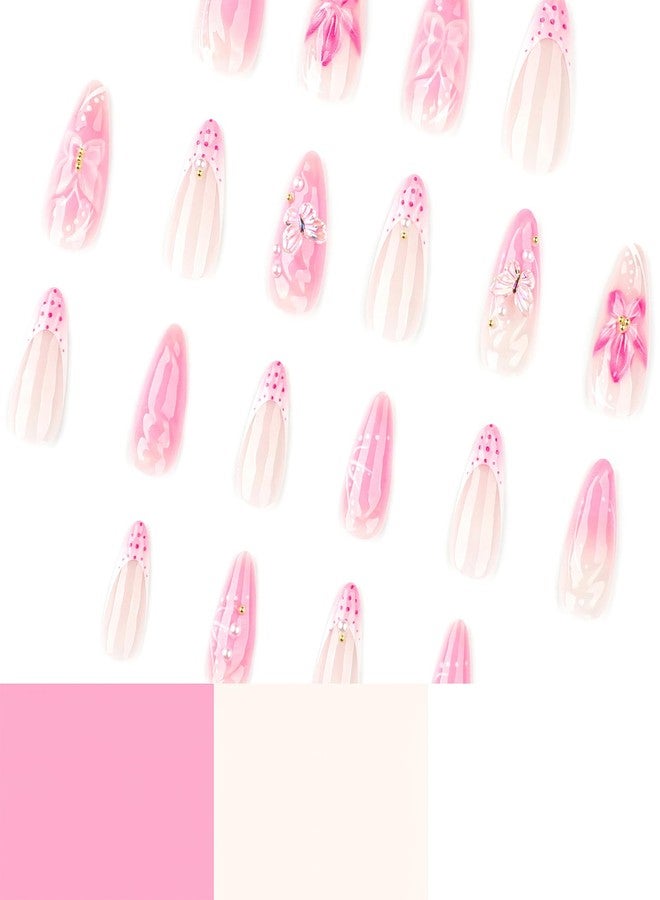 Jremg Pink French Tip Press on Nails Medium Almond Fake Nails with Pearl Designs 3D Butterfly Flowers False Nails Glossy Reusable Summer Floral Full Cover Glue on Nails for Women 24Pcs - Image 3