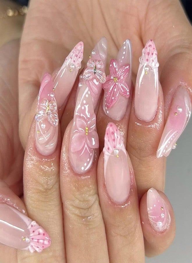 Jremg Pink French Tip Press on Nails Medium Almond Fake Nails with Pearl Designs 3D Butterfly Flowers False Nails Glossy Reusable Summer Floral Full Cover Glue on Nails for Women 24Pcs - Image 1