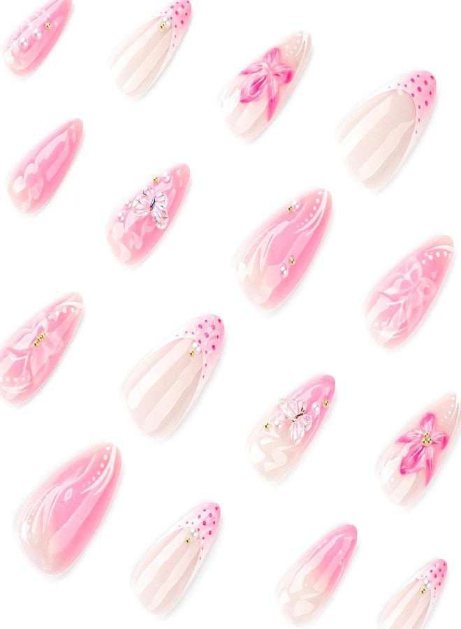 Jremg Pink French Tip Press on Nails Medium Almond Fake Nails with Pearl Designs 3D Butterfly Flowers False Nails Glossy Reusable Summer Floral Full Cover Glue on Nails for Women 24Pcs - Image 5