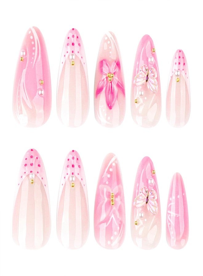 Jremg Pink French Tip Press on Nails Medium Almond Fake Nails with Pearl Designs 3D Butterfly Flowers False Nails Glossy Reusable Summer Floral Full Cover Glue on Nails for Women 24Pcs - Image 4