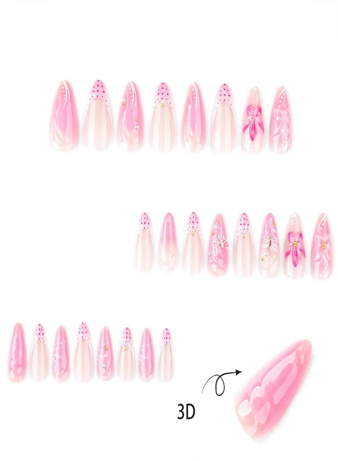 Jremg Pink French Tip Press on Nails Medium Almond Fake Nails with Pearl Designs 3D Butterfly Flowers False Nails Glossy Reusable Summer Floral Full Cover Glue on Nails for Women 24Pcs - Image 2
