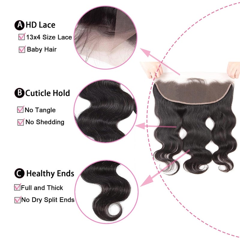 Generous 13x4 Lace Frontal Closure Body Wave Full Lace Frontal Ear to Ear Pre Plucked HD Lace Frontal Human Hair 100% Unprocessed Brazilian Virgin Hair 150% Density Remy Human Hair 14 Inch Natural Black - Image 3