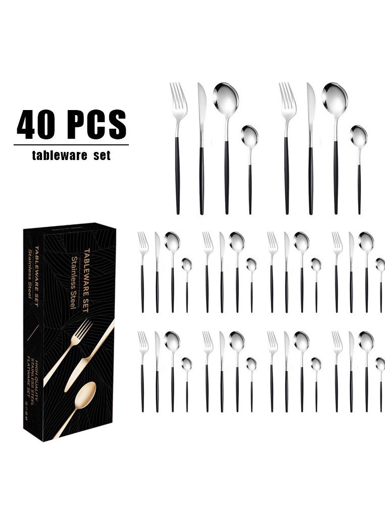 MHD 40-Piece Stainless Steel Knife Fork Spoon Full Set Silver for Home Office Restaurant Hotel Silver  - Image 1