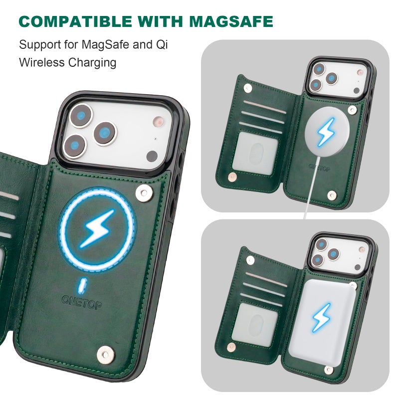OT ONETOP ONETOP Compatible with Magsafe for iPhone 17 Pro Max Wallet Case with Card Holder, PU Leather Kickstand RFID Blocking Case, Double Magnetic Clasp and Durable Shockproof Cover 6.9 Inch (Green) - Image 5