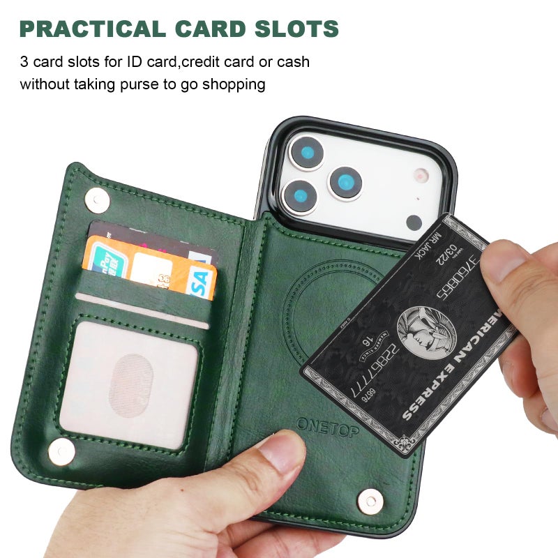 OT ONETOP ONETOP Compatible with Magsafe for iPhone 17 Pro Max Wallet Case with Card Holder, PU Leather Kickstand RFID Blocking Case, Double Magnetic Clasp and Durable Shockproof Cover 6.9 Inch (Green) - Image 4