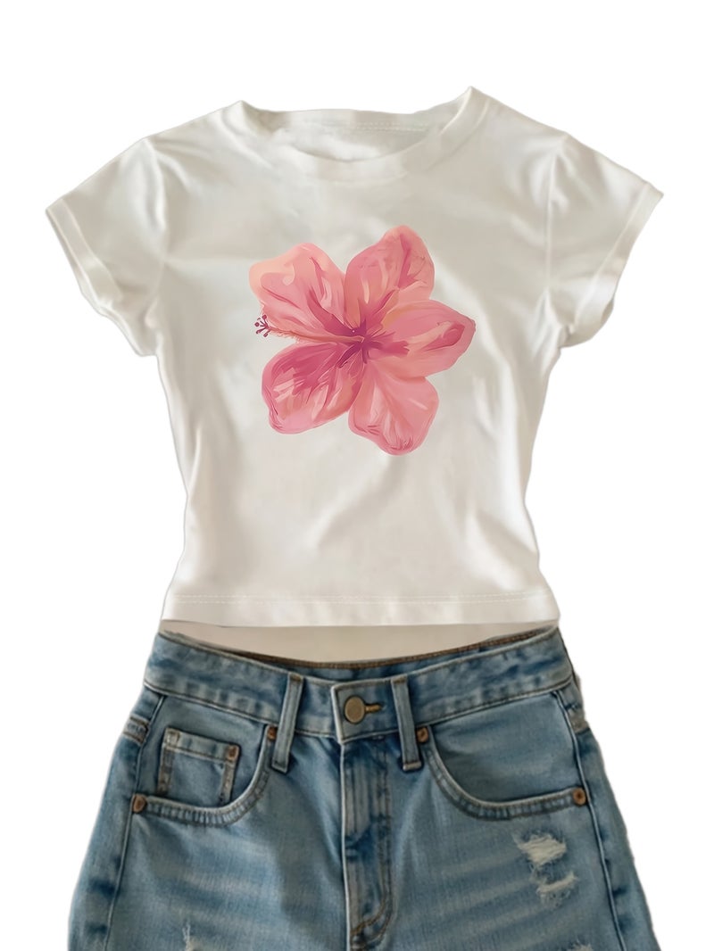00008 - Women's Casual Top with Large Petal Print, Girly Heart, Ins - Style American Fashion, Versatile T - Shirt, New Summer Trendy Short Sleeve - CC73 - White / XS - Image 1