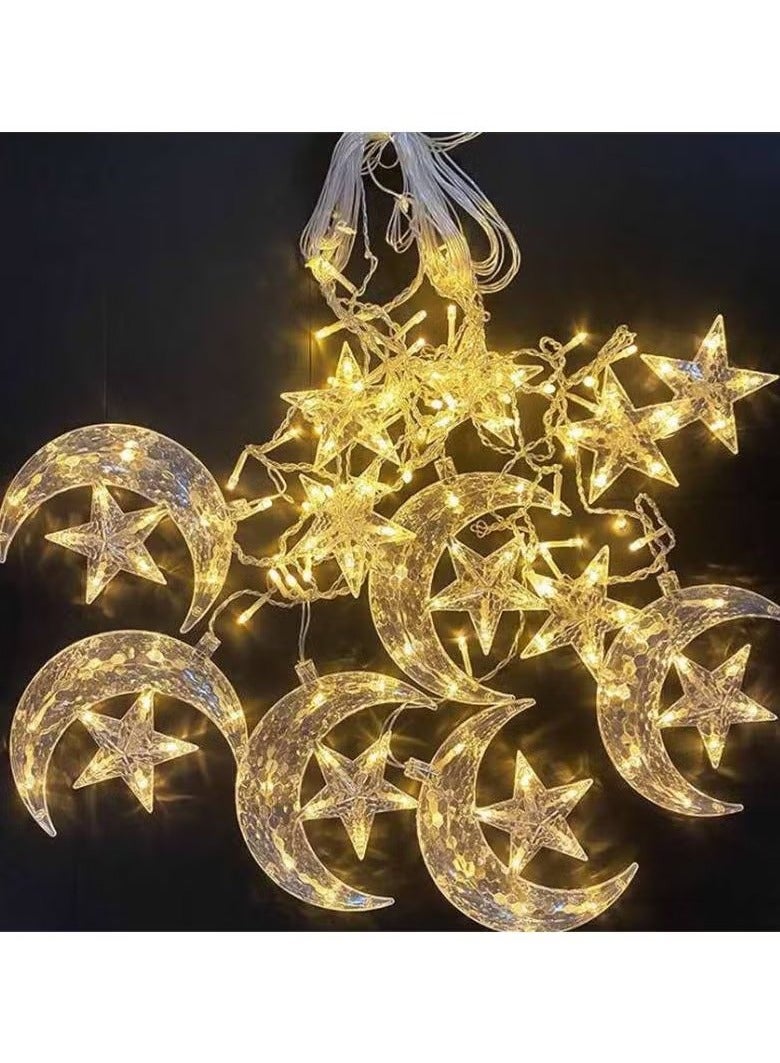 Generic Pack of 2 pc each 138 LED Star Moon Curtain Decorative Lights, Window Curtain Fairy String with connecting Plug, 8 Lighting Modes for Home Ramadan Decoration Wedding Party, Warm White  - Image 2