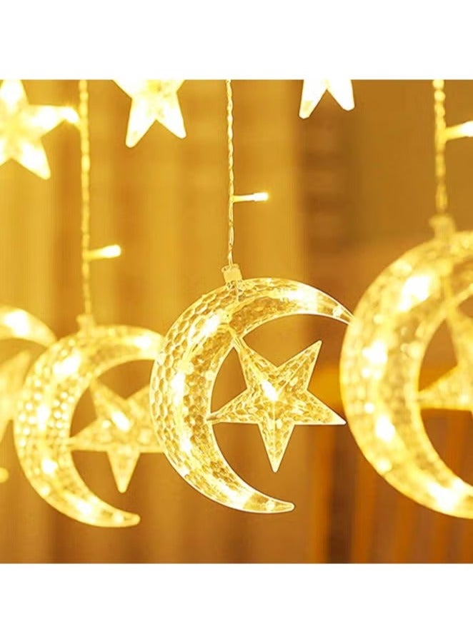 Generic Pack of 2 pc each 138 LED Star Moon Curtain Decorative Lights, Window Curtain Fairy String with connecting Plug, 8 Lighting Modes for Home Ramadan Decoration Wedding Party, Warm White  - Image 3