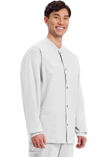 Cherokee Men’s Scrub Jacket Snap Front Medical with 3 Pockets, Knit Cuffs, Soft Fade Resistant 2-Way Stretch - WW360, XS, White - Image 5