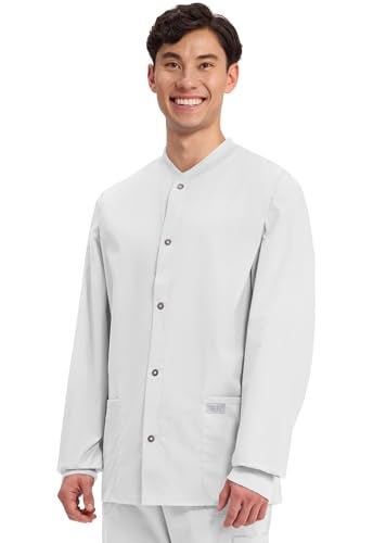 Cherokee Men’s Scrub Jacket Snap Front Medical with 3 Pockets, Knit Cuffs, Soft Fade Resistant 2-Way Stretch - WW360, XS, White - Image 3