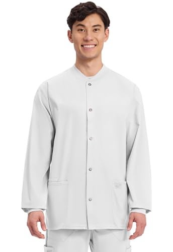 Cherokee Men’s Scrub Jacket Snap Front Medical with 3 Pockets, Knit Cuffs, Soft Fade Resistant 2-Way Stretch - WW360, XS, White - Image 1