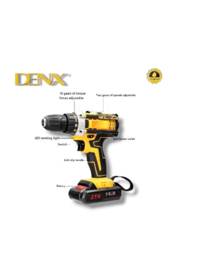 دينكس مثقاب كهربائي DX2588، 21 فولت، 2300 دورة في الدقيقة، بطارية ليثيوم 3C 1300، 3 أوضاع (مثقاب، مفك براغي، صدمات)، مدة الشحن 3-4 ساعات - Image 1