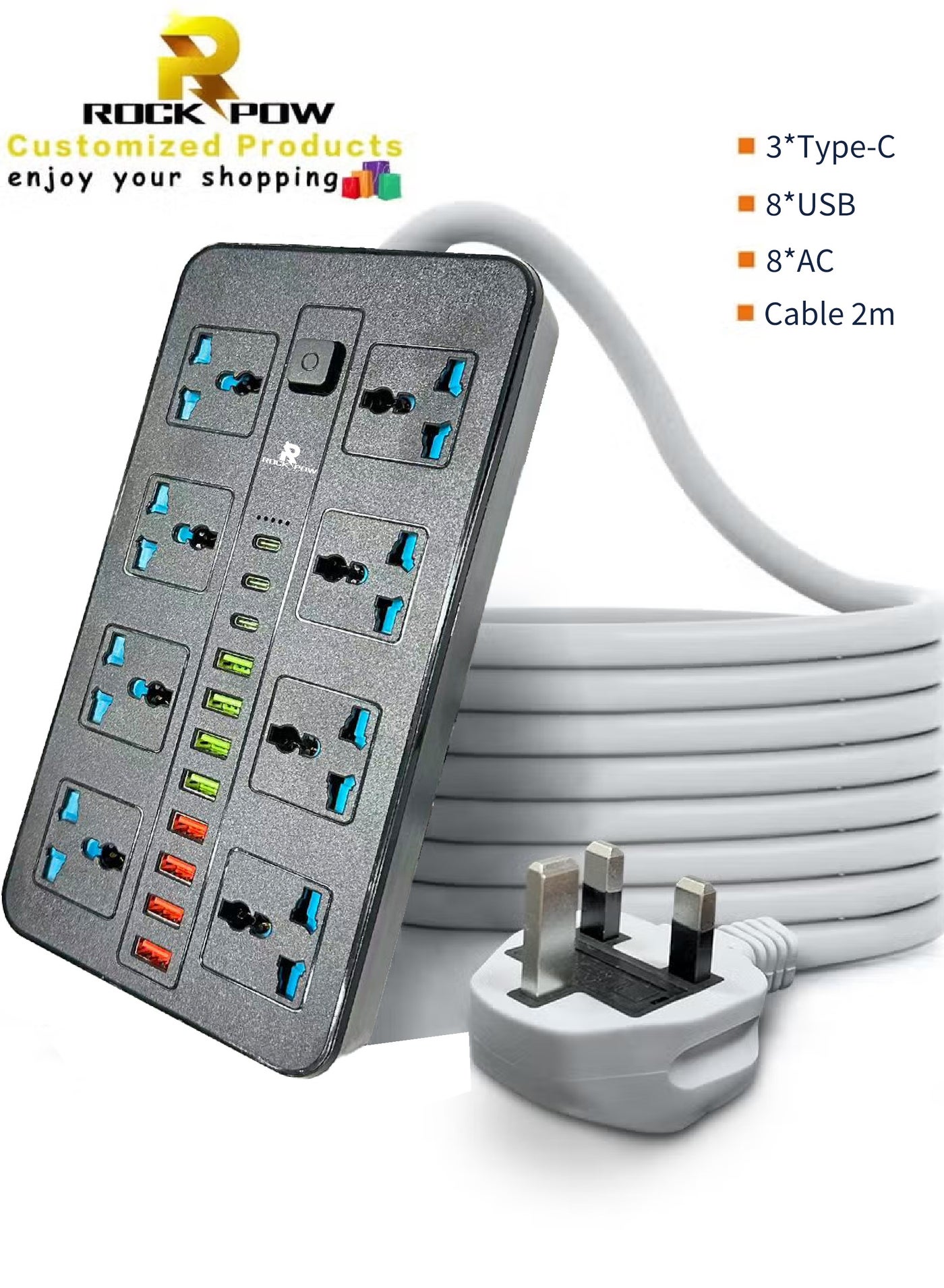 2 meters Universal Extension Lead with Multiple Function UK Plug 3 Pin Socket Outlet with 8 Gang 8 USB Port 3 Type-C Port 2M Electric Socket Mains Strip for Home Kitchen and Office 2 meters