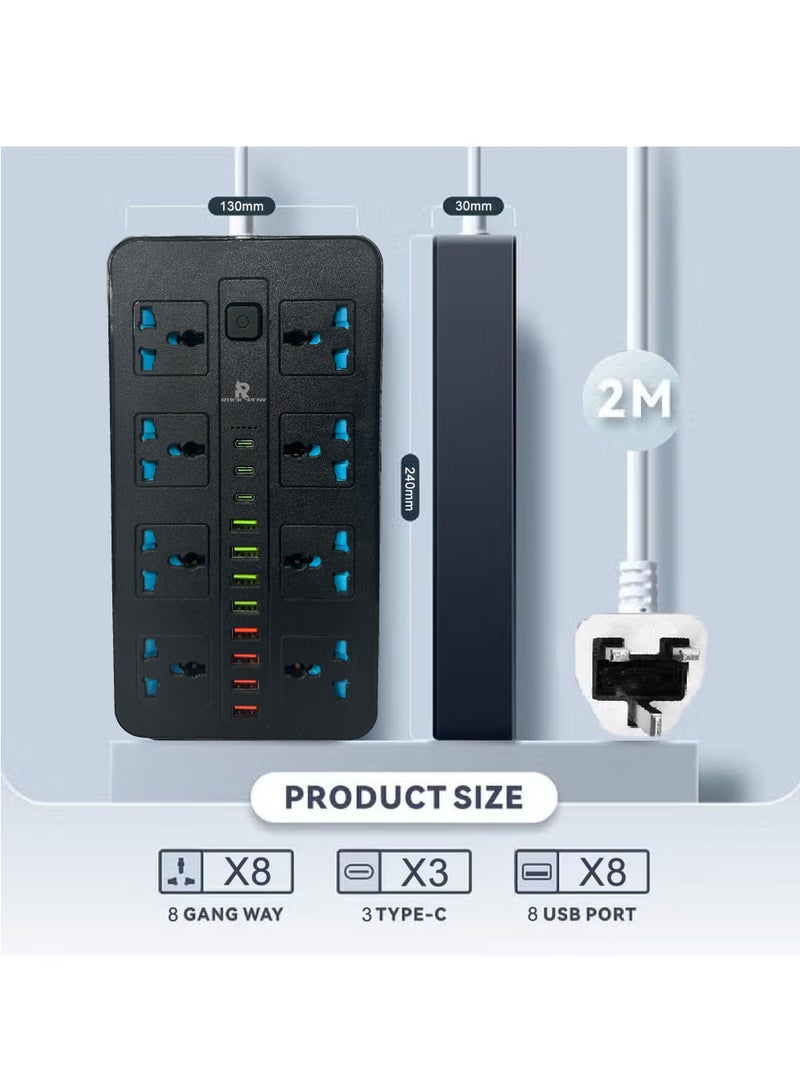 Rock Pow 2 meters Universal Extension Lead with Multiple Function UK Plug 3 Pin Socket Outlet with 8 Gang 8 USB Port 3 Type-C Port 2M Electric Socket Mains Strip for Home Kitchen and Office 2 meters - Image 2