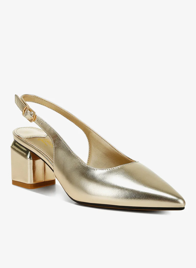 لندن راج صندل مفتوح من الخلف من الجلد الصناعي المعدني باللون الذهبي