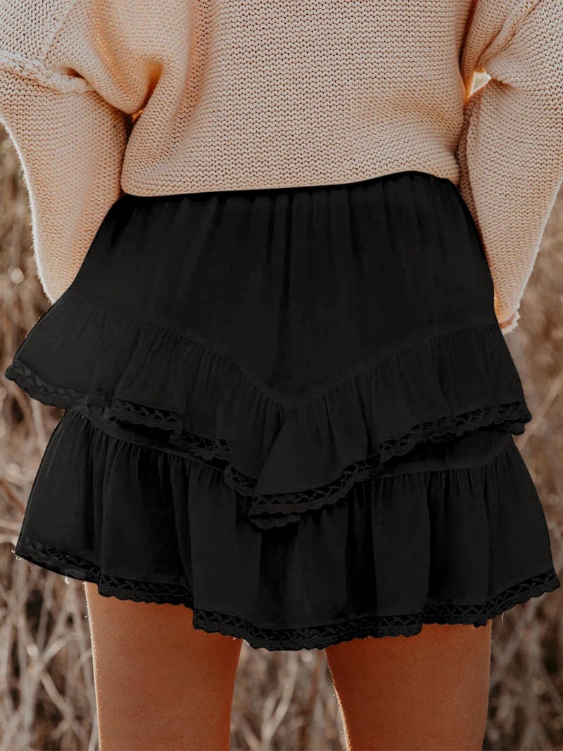 Aoudery Flowy Shorts for Women Casual Boho Ruffle Tiered Skorts High Waist Mini Skirts Golf Tennis Butterfly Crochet Shorts - Black S - Image 2