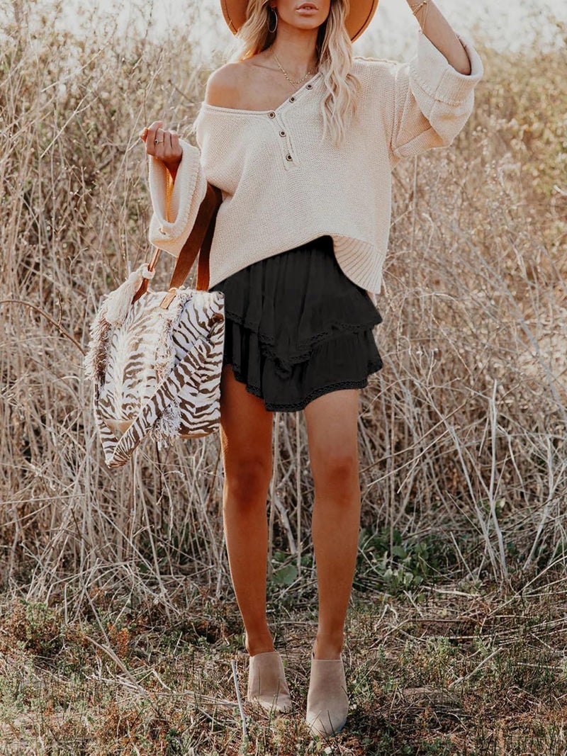 Aoudery Flowy Shorts for Women Casual Boho Ruffle Tiered Skorts High Waist Mini Skirts Golf Tennis Butterfly Crochet Shorts - Black S - Image 5