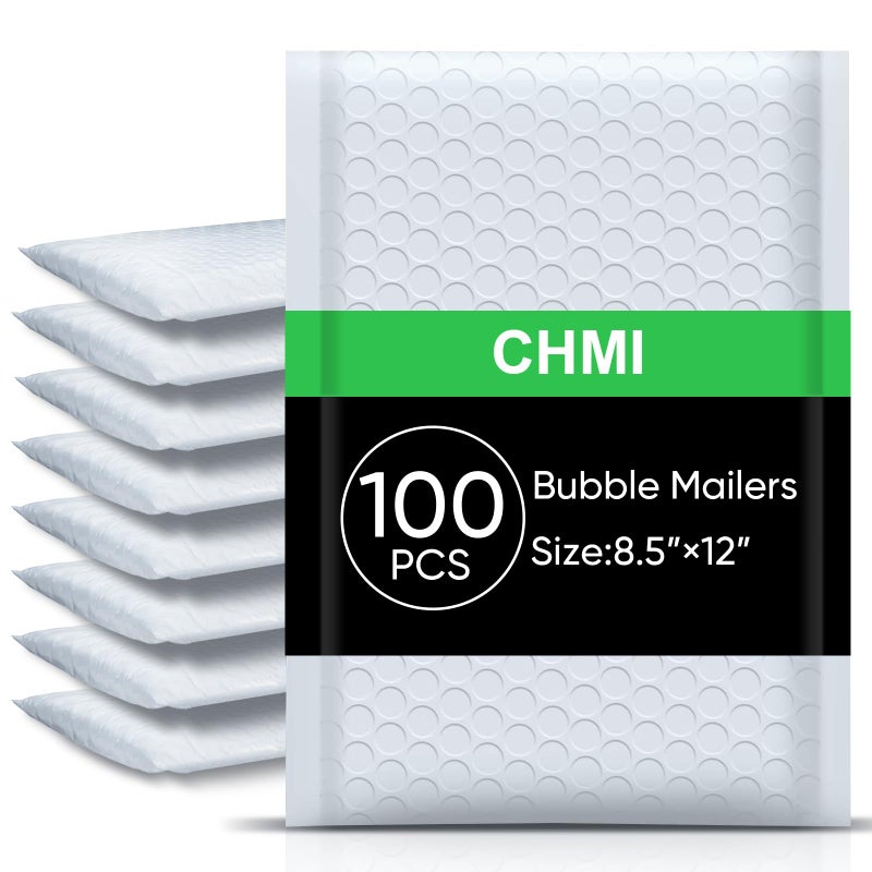CHMI White Bubble Mailers 8.5 x 12 Inch 100 Pack, Usable Size 8.25X12 Inch Poly Mailers,Mailing Envelopes,Shipping Mailerï¼ŒOpaque Self Seal Adhesive Waterproof Bags for Packaging and Shipping. - Image 1