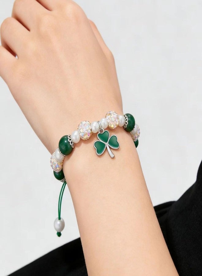GLMOCM St Patricks Day Bracelet for Women Irish Shamrock Charm Bracelet Green Crystal Stone Beaded Stretch Bracelet Saint Patricks Day Accessories (Green C) - Image 2