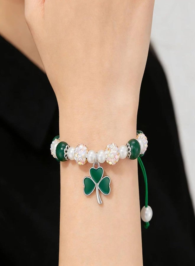 GLMOCM St Patricks Day Bracelet for Women Irish Shamrock Charm Bracelet Green Crystal Stone Beaded Stretch Bracelet Saint Patricks Day Accessories (Green C) - Image 3