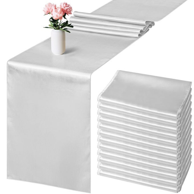 12 PACK SATIN TABLE RUNNER 12 X 108 INCH LIGHT SILVER LONG WEDDING SATIN SILK TABLE RUNNER FOR WEDDING BANQUET GRADUATIONS BIRTHDAY PARTY DECORATION