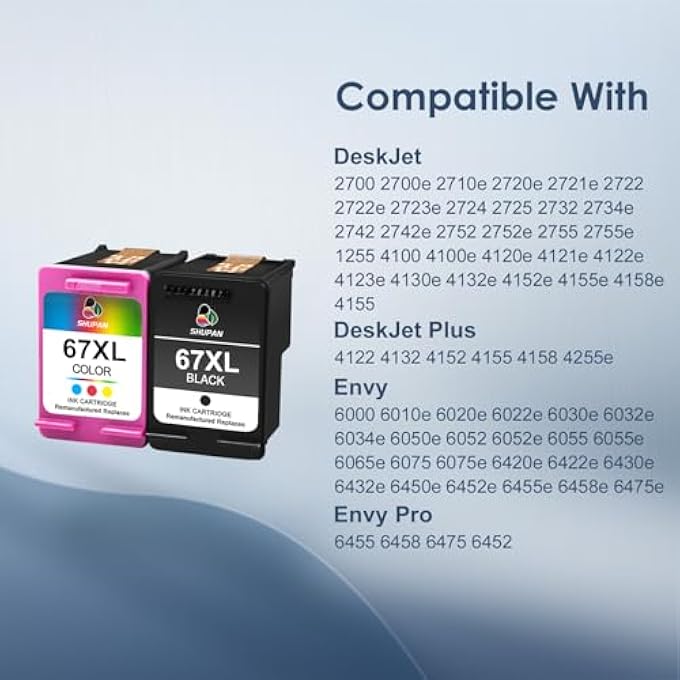 67XL INK CARTRIDGES BLACK/COLOR COMBO PACK REPLACEMENT FOR HP 67 XL 67 INK WORK FOR ENVY 6000 6055 6055E 6400E 6455E 6458E ENVY PRO 6455 6458 (BLACK AND COLOR) - Image 2