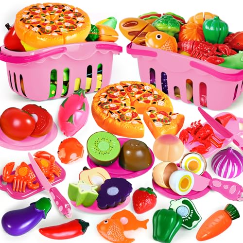 BAODLON 100 Pcs Play Food Set for Kids Kitchen Pretend Food Toy for Toddlers Play Kitchen Toys Accessories with 2 Baskets Cutting Fake FoodFruitVegetable Christmas Birthday Gifts for Boys and Girls - Image 1