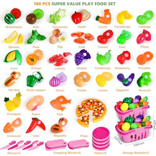 BAODLON 100 Pcs Play Food Set for Kids Kitchen Pretend Food Toy for Toddlers Play Kitchen Toys Accessories with 2 Baskets Cutting Fake FoodFruitVegetable Christmas Birthday Gifts for Boys and Girls - Image 5